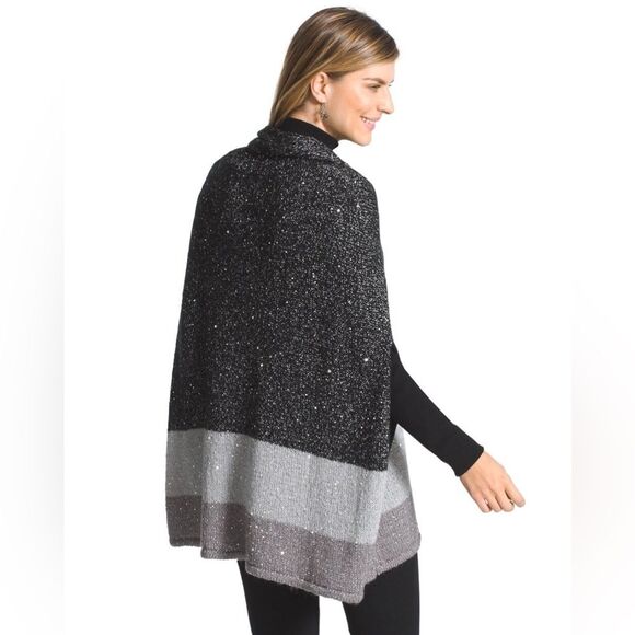 Chico’s Color Block Sparkle Cape S/M Knit Poncho Shawl Gray Silver Boho Cozy - Picture 2 of 6